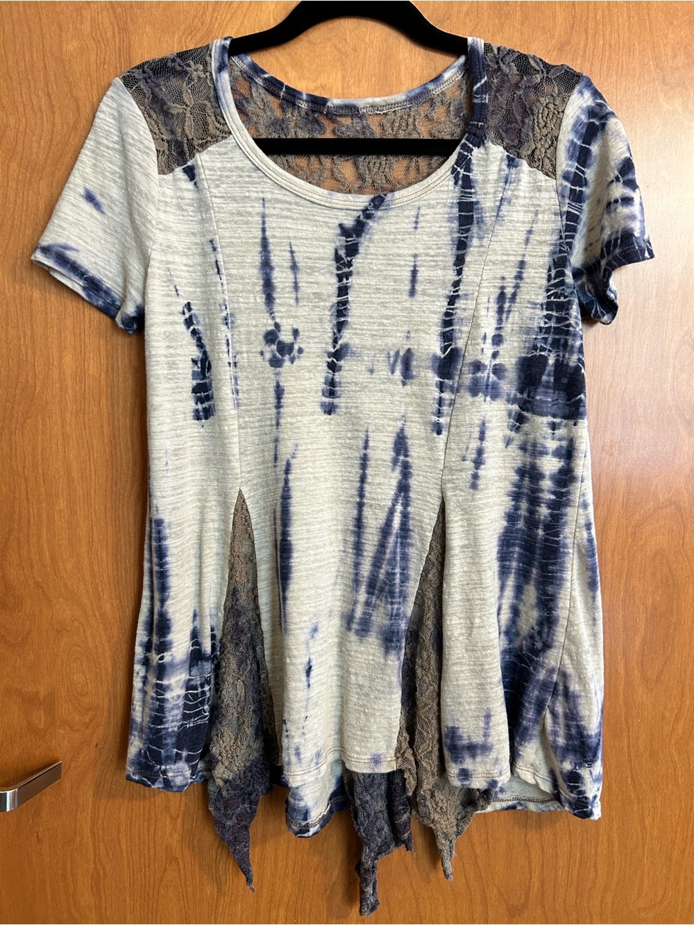 Indigo Tie Dyed Tee with Lace Inserts - Size S